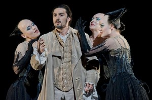 Charles Castronovo as Tamino, Gaynor Keeble as Third Lady, Anita Watson as First Lady and Hanna Hipp as Second Lady in Die Zauberflöte 
