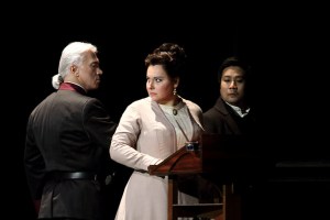Dmitri Hvorostovsky as Renato, Liudmyla Monastyrska as Amelia and Jihoon Kim as Tom in Un ballo in maschera © ROH. Photographer Catherine Ashmore