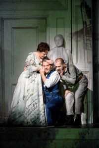 Dorothea Röschmann as Elvira,  Christopher Maltman as Giovanni & Alex Esposito as Leporello © ROH Photographer Bill Cooper