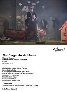 Der fliegende Holländer Richard Wagner In German with German supertitles Revival January 8, 2017 Musikalische Leitung: Georg Fritzsch Regie: Calixto Bieito Choreographische Mitarbeit: Lydia Steier Bühne: Susanne Gschwender, Rebecca Ringst Kostüme: Anna Eiermann Licht: Reinhard Traub Chor: Christoph Heil Dramaturgie: Xavier Zuber Auf dem Bild: James Rutherford (Der Holländer),  Attila Jun (Donald) Foto: Martin Sigmund